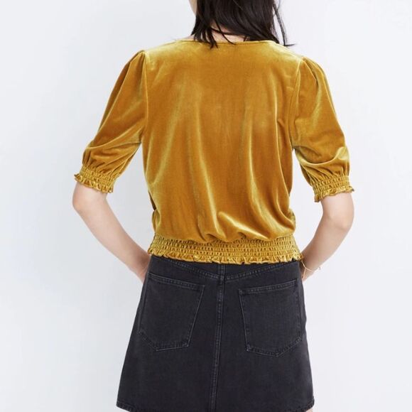 Madewell Smocked Crossover Top Velvet Shirt Blouse Egyptian Gold New Size Small - Picture 3 of 12